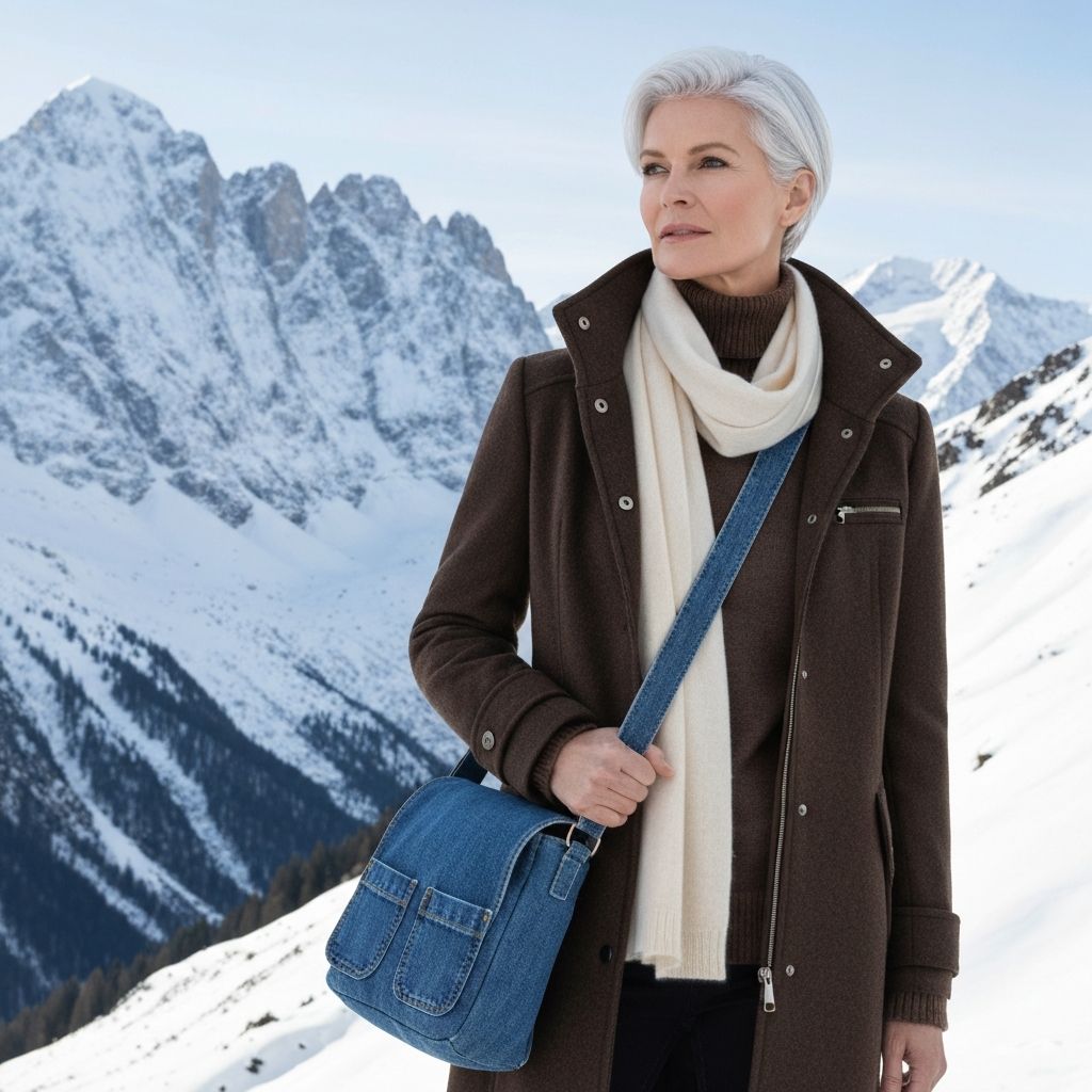 Mujer con bolso messenger denim en montaña nevada